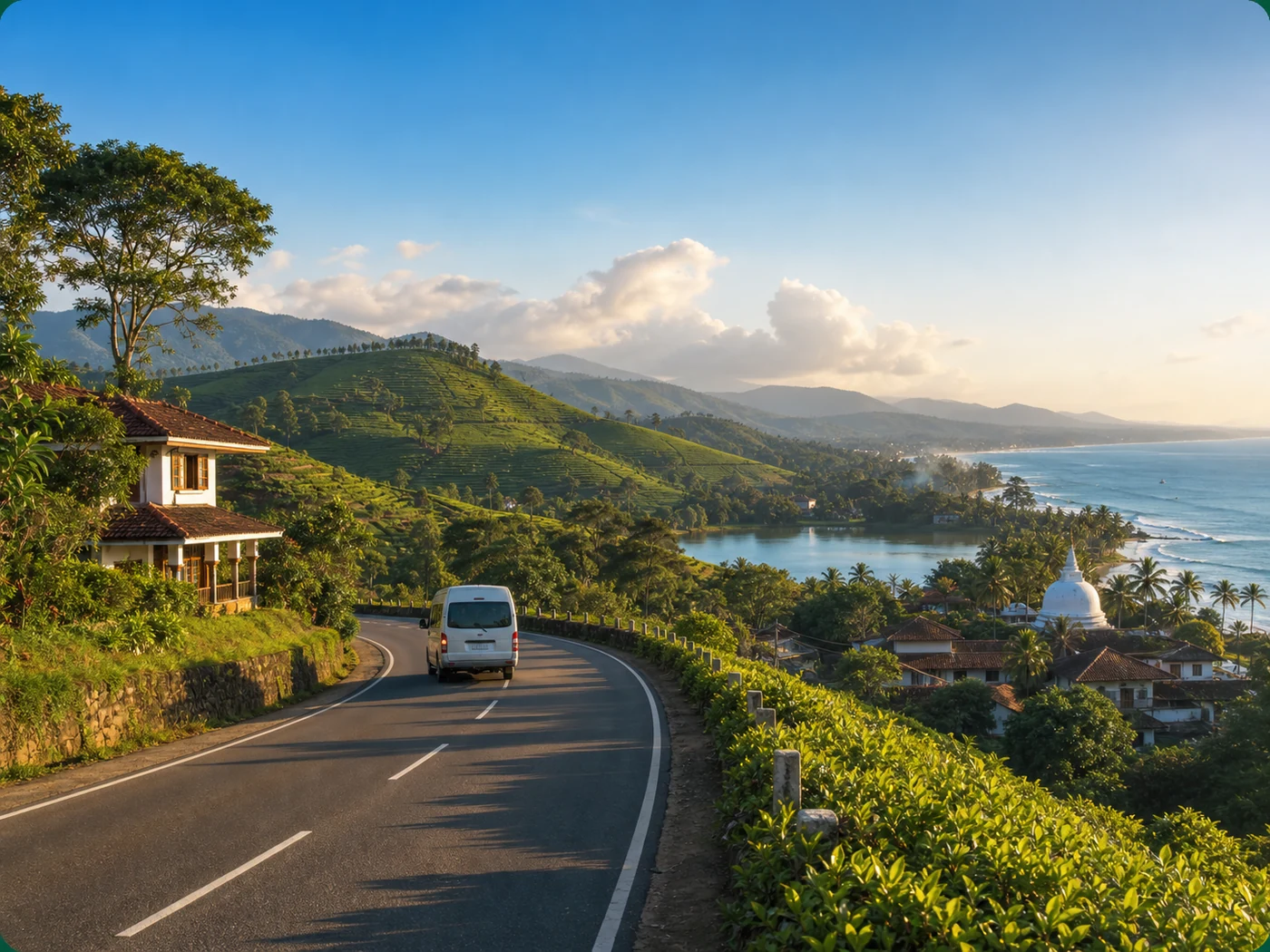 Scenic Sri Lanka travel route with coastal road, hills, and private transport